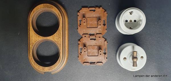 Garby Colonial 2fach Kombination, Aus-Wechsel-Porzellandrehschalter weiß,  Knebel Messing patiniert, Steckdoseneinsatz Porzellan weiß